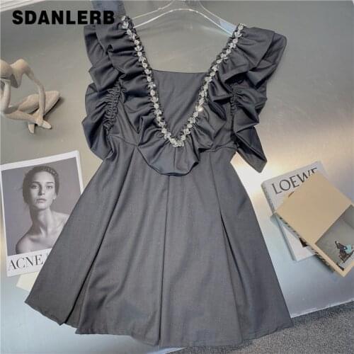 2021 Summer New Vest Dress French Style Temperament Socialite Rhinestone V-neck Pleated Women Solid Color Sleeveless Dress