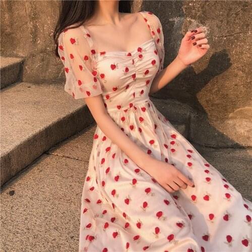 Very fairy summer new embroidered strawberry mesh dress female temperament high waist sweet long New Arrival Fashion Dress G290