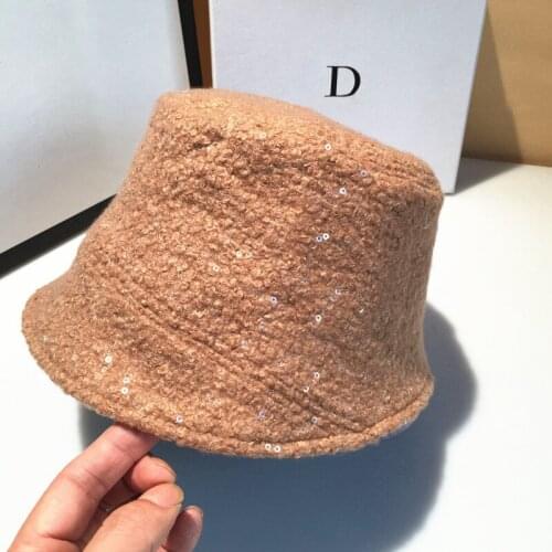 Winter women casual woolen basin hats Bucket hat Thick warm hip hop sequins panama Caps KDOU010