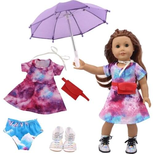 Free Shipping By E-packet 1 Set=Star Skirt+Silk Ribbon+Bag+Rainbow Boots+Umbrella+Panties For 18 Inch American &43 Cm Born Doll