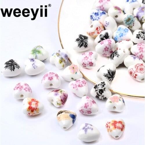 20pcs/lot 12x13mm Heart Shape Flower Patterns Ceramic Porcelain Loose Crafts Beads lot for Jewelry Making DIY Accessories