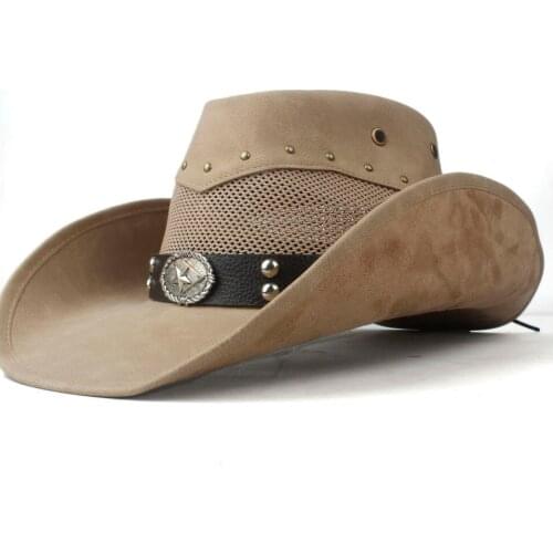 2019 Summer Leather Men Women Mesh Western Cowboy Hat Wide Brim Hat Outdoor Sombrero Hombre Cowgirl Hat