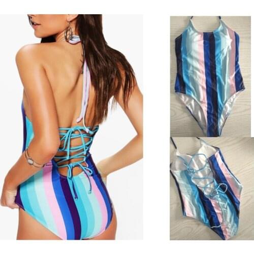 2019 New Style Fashion Hot Womens One Piece Stripe Bikini Striated Swimwear Swimsuit Beach Bandage Swimming Bathing Suit