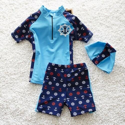 3pcs/set Boys Sports Swimming Suits Kid Boys Swimwear Hat+Shirt+Pants Suits High quality Boys Surfing suit Beachwear Boys-K56