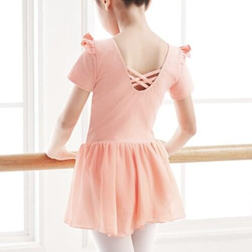Short Sleeve Ballet Dress for Girls Children Chiffon Skirted Tutu Danc Wear Training Leotards Stretchy Gymnastics Clothes