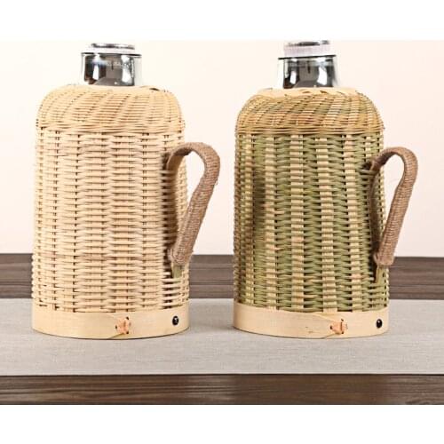 1600ml Handmade Bamboo Weaving Thermos Bottle Pot For Hot Water With Cork Cover Handle Vacuum Flask Keep Warm Glass Inner Large