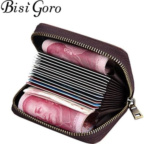 BISI GORO 2019 Unisex Genuine Leather Zipper Credit Card Holder Wallet Bank Credit Card Case ID Holders High Capacity