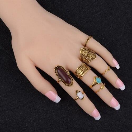 Bohemian vintage carved turquoise 8-piece joint ring combination womens ring accessories