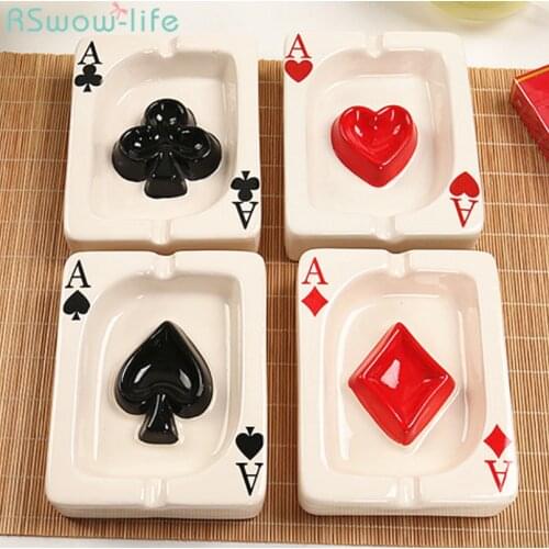 European Style Poker Creative Red Heart Square White Porcelain Portable Ashtray Cigar Cigarette Ash Tray Creative Home Gadgets