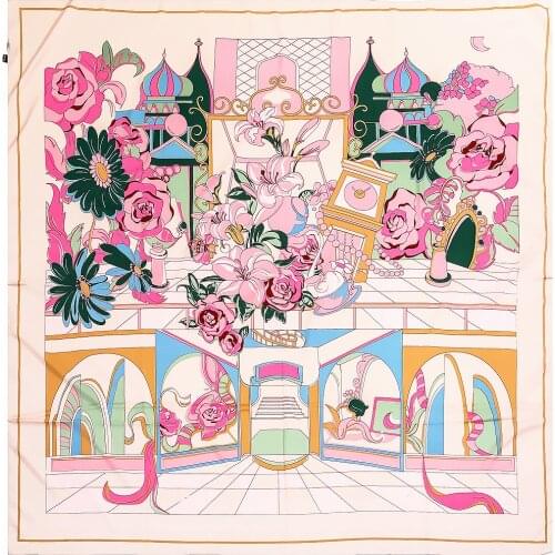 130cm Cartoon Flower Square Scarf Luxury Design Brand Twill 100% Silk Scarf Women Kerchief Scarves For Ladies Fashion Shawl