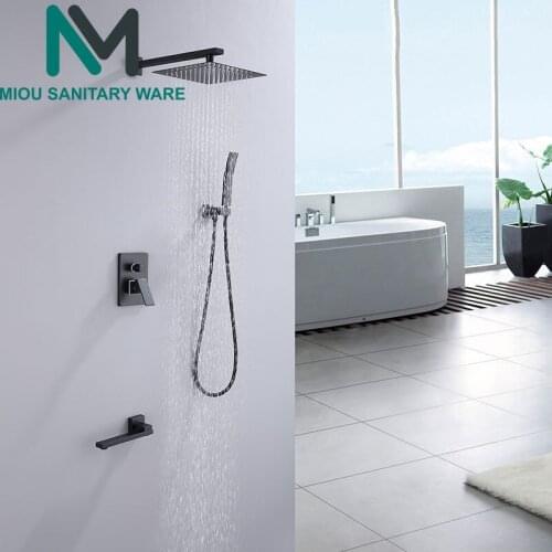 Brass Black Bath Shower Faucets 8-12" Rain Shower Head Bathroom Shower Set Diverter Mixer Valve Shower System Wall Mounted