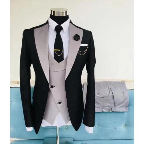 2021 Tailored Black with Grey Wedding Suit for men slim fit 3 piece business formal professional suits man Prom Tuxedo Blazer