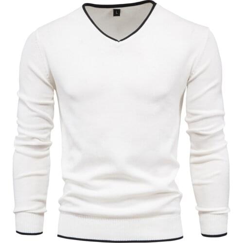 2021 new 100% cotton autumn sweater mens knit sweater solid color long-sleeved pullover youth V-neck sweater
