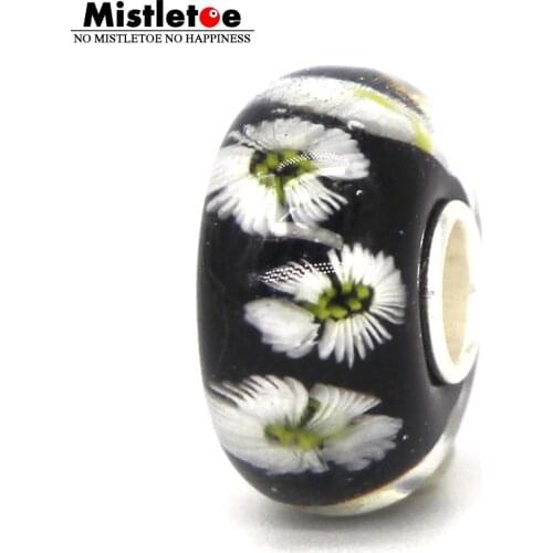 Mistletoe 925 Sterling Silver Black With White 3D Dasies Flower Murano Glass Charm Bead European Jewelry