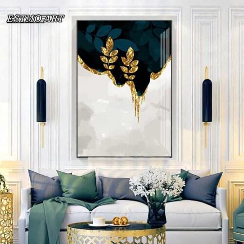 Abstract Art Poster HD Gold And Blue Canvas Leaves Painting Nordic Modular Modern Hoom Decor Living Room Large Wall Art Picture