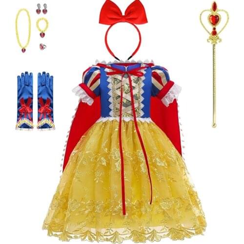 Top Grade Princess Snow White Dress Up for Fairy Girls Kids Puff Sleeve Costumes with Long Cloak Child Party Birthday Fancy Gown