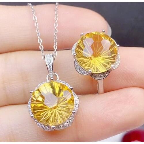 Per jewelry Natural real citrine round style jewelry set 1pc ring 1pc pendant 3.5ct*2pcs gems 925 sterling silver S205119