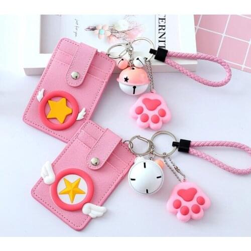 2020 Sharkbang Kawaii PU Leather Double Side Pink Heart Bell Rope Card Holder Bus Bank ID Card Keychain Protection Case