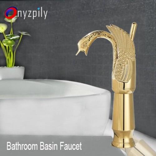 Bathroom Basin Faucet Swan Vanity Sink Faucet Vessel Tap Torneira Tall Body Gold Polished Two Wings Single Lever Spout Mixer