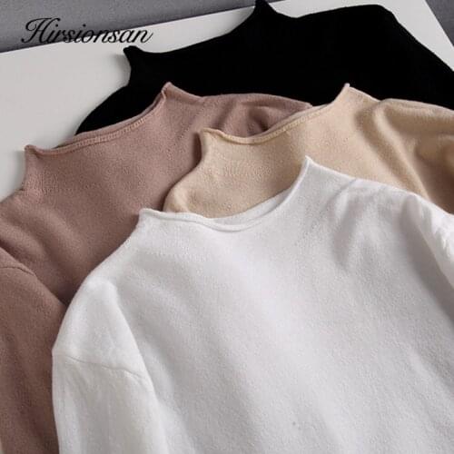 Hirsionsan Soft Thin Sweater Women 2021 New Soft Crimped Neckline Loose Pullovers Korean Khaki Knitted Bottoming Female Tops