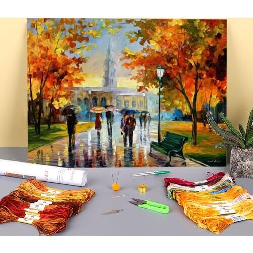 Stroll In An October Park Printed Fabric 11CT Cross-Stitch Embroidery Complete Kit DMC Threads Knitting Craft Counted