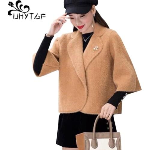 UHYTGF Mink Fleece Spring Autumn Jacket Womens Fashion Shawl Knitted Cardigan Female Short Coat Korean Loose Plus Size Tops 1292