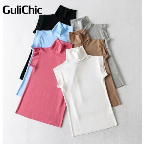 7.12 Women New Elastic Turtleneck Sleeveless Skinny T-Shirt Solid Color Top