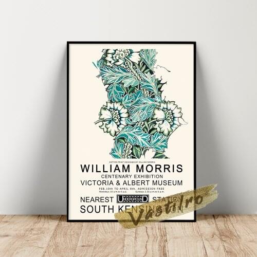 William Morris Museum Exhibition Poster, Morris Blue Green Flower Leaf Wall Picture, William Vintage Plant Floral Wall Stickers