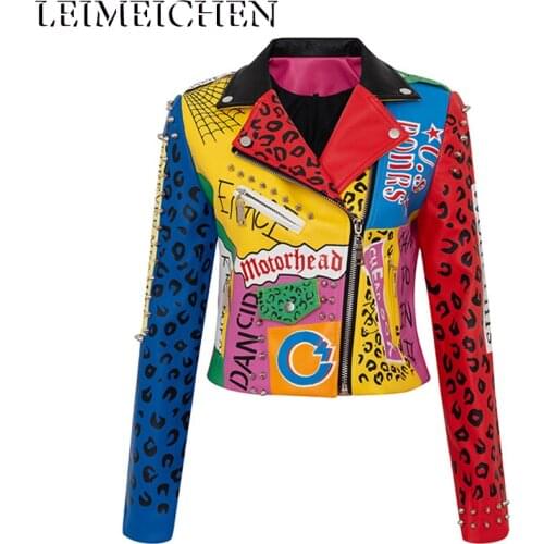 LEIMEICHEN New Graffiti Studs Rivet Beading PU Leather Coats Women Cartoon Print Leather Jacket Punk Rock Cropped Jackets