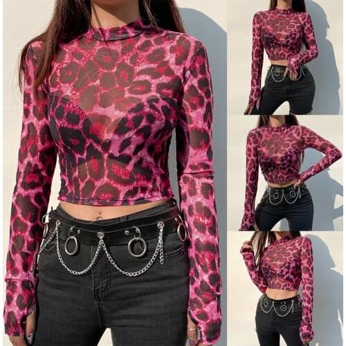 WomenS Sexy Leopard Print Mesh Print Slim Round Neck Long Sleeve T-Shirt Top Pink
