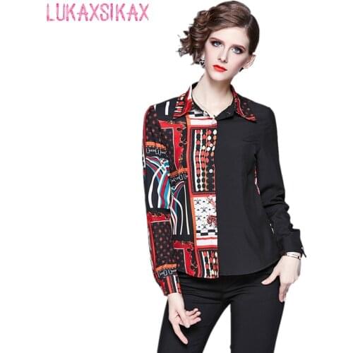 New Arrival 2020 Spring Autumn Women Long Sleeve Shirt Fashion Retro Print Contrast Color Patchwork Runway Shirt Women Tops
