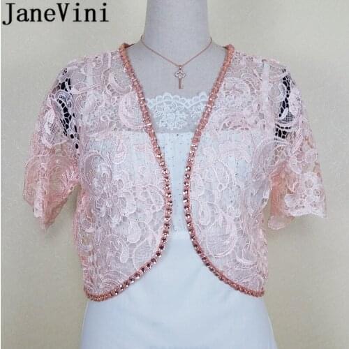 JaneVini Beaded Lace Short Wedding Jackets Shrugs for Women Summer Pink Crystals Bolero Bridal Wraps Coat Accessories Bolerka