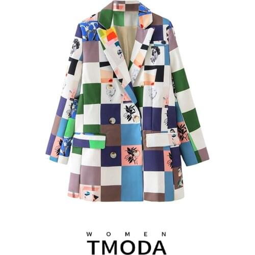 TMODA449 2021 Spring Autumn Women Plaid Blazer Jacket Double Breasted Lapel Fashion Print Suit Streetwear Loose Womens Chic Coat