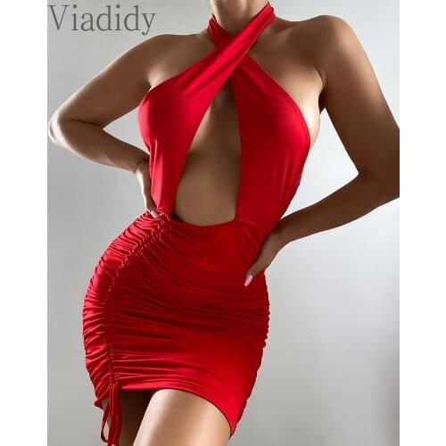 Women Sexy Halter Front Cutout Design Backless Sleeveless Ruched Bodycon Dress