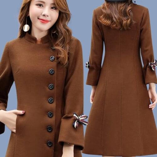 Womens wool coats long Flare Sleeve black brown Standing collar plus size Spring and autumn 2018 hot
