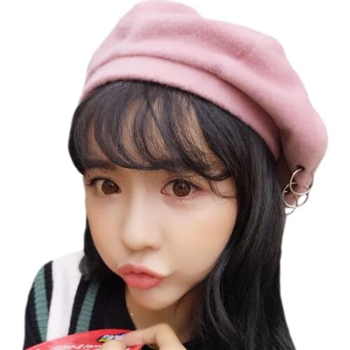 CUHAKCI Winter Hats Ring Wool Berets French Artist Beanie Women Ski Cap Solid Warm Sweet Girl Headwear
