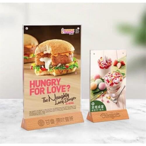 A6 Wood Base Acrylic Sign Holder Menu Paper Stand Frame Tabletop Products Price Sign Tags Listing Display Stand