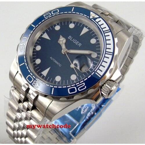 40mm bliger black dial luminous mark bracelet automatic mens watch ceramic bezel