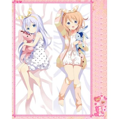 Anime Cartoon Is the order a rabbit Double Bolster Hugging Pillow Case Pillow Cover Pillowcase Peach Skin 2 Way No.59007