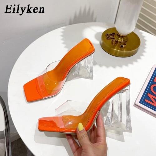 Eilyken 2022 New Fashion Women Summer PVC Transparent Orange Jelly Slippers Sandals Crystal Perspex Heels Shoes size 35-41