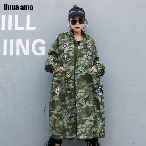 Unua amo Camouflage Coat Woman Long Trench 2021 Streetwear Fashion Rivet Patch Design Oversized Womens Windbreaker