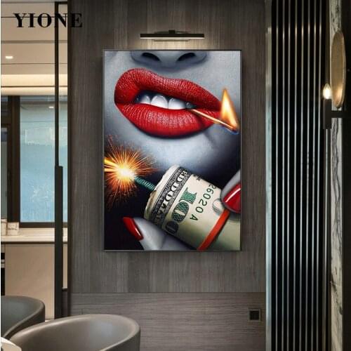 Sexy Red Lips with Money Canvas Paintings Custom Modern Abstract Figure Woman Face Wall Art Pictures Home Posters and Prints
