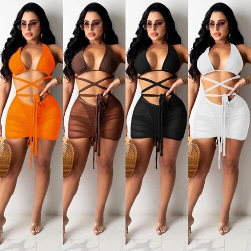 Echoine 3 Piece Set Summer Lace Up Bandage Sheer Mesh Mini Skirt Cover Up Bikini Set Swimsuit Bathing Suit Sexy Swimwear Beach