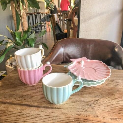 Mug Cartoons Trendy Dessert Cup Water Bottle Ins Kawaii Milk Cup Coffee Pearl Shell Shape With Saucer Home Breakfast Cup