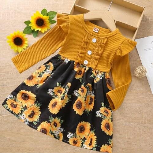 Newborn Baby Girl Clothes Cute Childrens Sunflower Floral Lounge Dress Kids 12 24 Month Children Long Sleeve A-line Knee-length