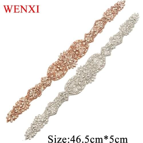 WENXI 30PCS Wholesale Hand Beaded Sewing Sliver Crystal Rhinestones Applique Patch For Bridal Dress Sash DIY Iron On