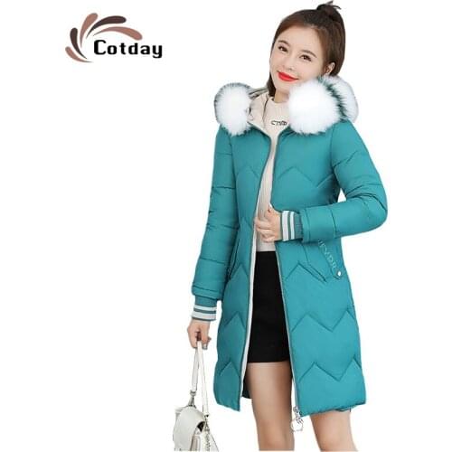 Cotday Long Fur Coat New Green Women Hooded Embroidery Letter Winter Coat Thick Warm Jacket Overcoat Cotton Big Pocket