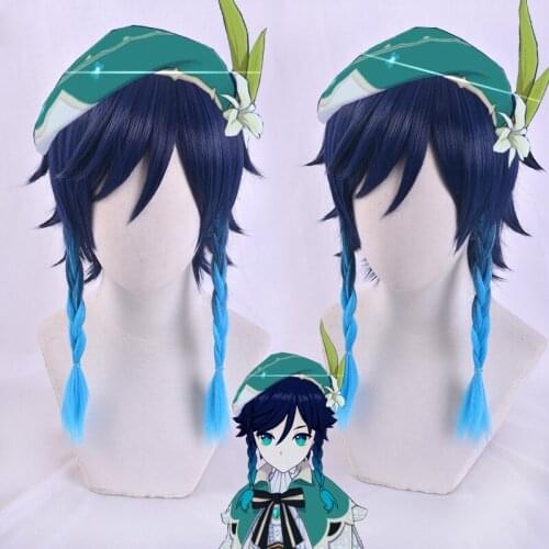 Game Genshin Impact Venti Cosplay Wigs Gradient Blue Cosplay Wig Braided Wigs Heat Resistant Synthetic Hair + wig Cap