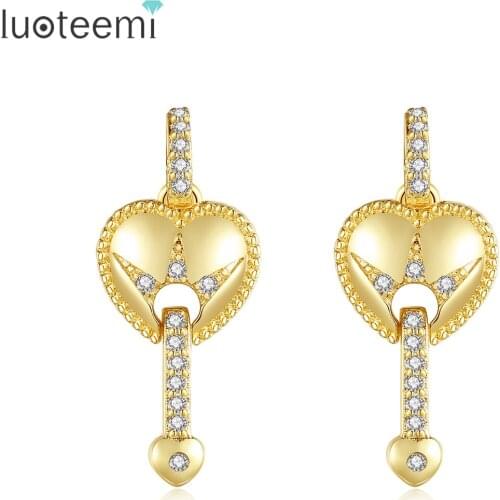 LUOTEEMI Double Heart Drop Earrings Long Earrings Crown Design High Quality Cubic Zircon Paved Christmas Party Gifts