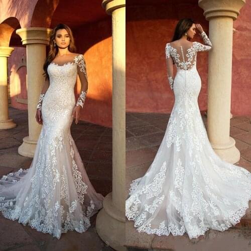 Vintage New Arrival Mermaid Wedding Dresses Sheer Neck Long Sleeve Appliqued Lace Bridal Gowns Illusion Wedding Dress robe de